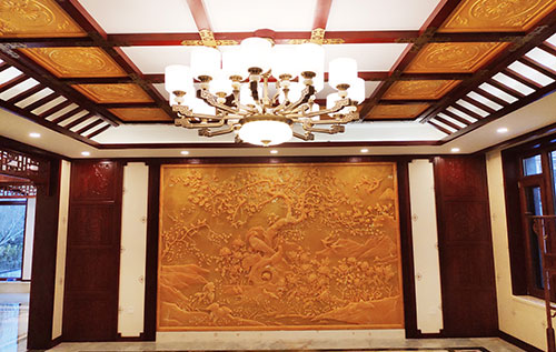 灯塔中式别墅客厅中式木作横梁吊顶装饰展示